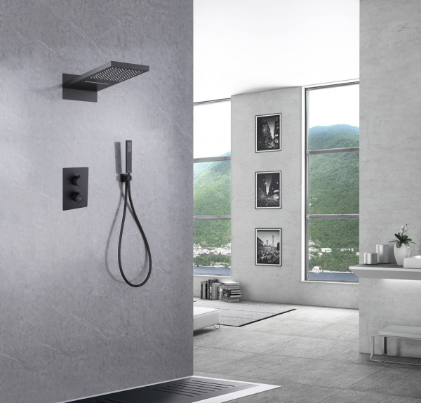 Душевая система ABBER Weiss Insel встраиваемая, цвет черный матовый, комплект: смеситель термостатический/тропический душ (с верхней лейкой)/лейка/шланг, встраиваемый (скрытый) монтаж