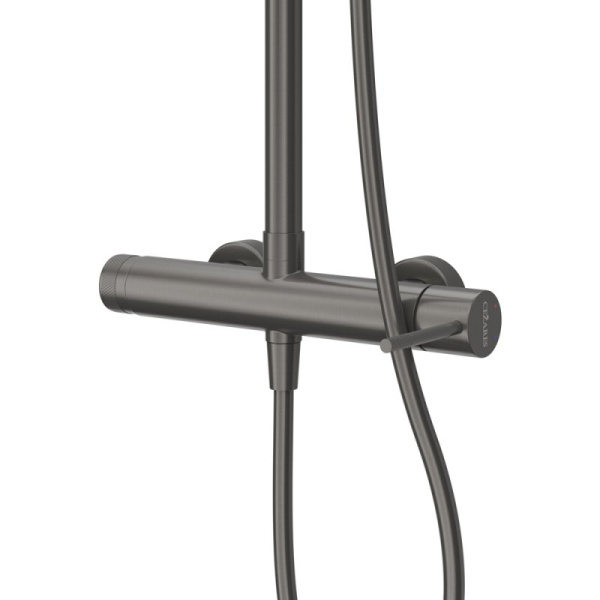 Душевая система Cezares Relax высота 1460 мм, цвет оружейная сталь, комплект: однорычажный смеситель/тропический душ (с верхней лейкой)/стойка/лейка/шланг, наружного монтажа