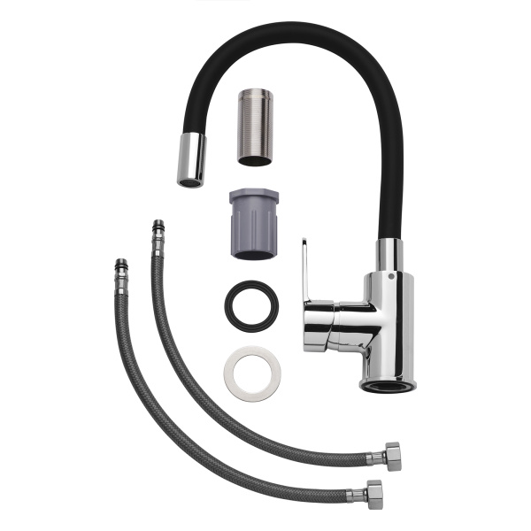 Смеситель для кухни/мойки AQUEDUC однорычажный, поворотный/гибкий, керамический, длина излива 180 мм, высота 250 мм, латунь, цвет хром/черный 345387