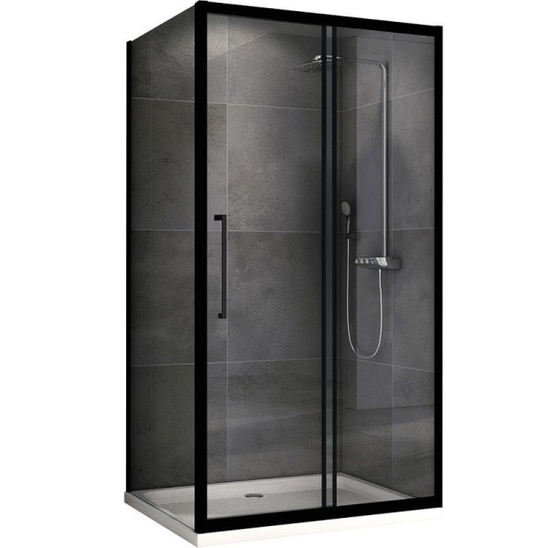 Душевой уголок ABBER Schwarzer Diamant 130х90 см, без поддона, прямоугольный, угловой, стекло закаленное, (без сифона) без крыши, раздвижной, стеклянный, пластиковый, алюминиевый профиль (черный)