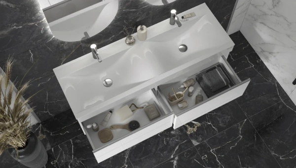 Тумба под раковину Velvex Pulsus 1400-0-2, 1388х476х520 мм, подвесная, цвет белый глянец, 2 выдвижных ящика с доводчиками, подходит раковина Pulsus 140, универсальная, в ванную комнату