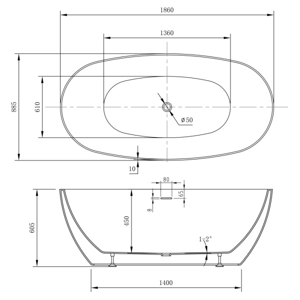 Ванна ABBER 186x88,5x60,5 см акриловая, цвет- белый, (без гидромассажа) овальная, отдельностоящая, правосторонняя/левосторонняя, универсальная AB9504