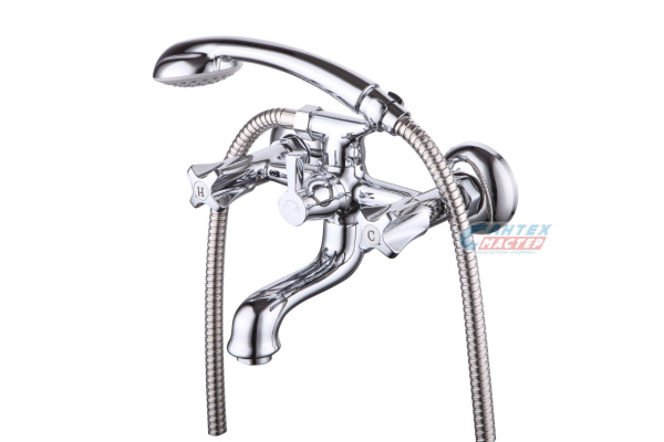 Смеситель для ванны/душа Zenta Фреско двухвентильный, керамический, настенный, излив поворотный 120 мм, с гибким шлангом, душем/лейкой, латунь хром, короткий, универсальный, горизонтальный, вентильный, кран, комплект, сантехника, размер