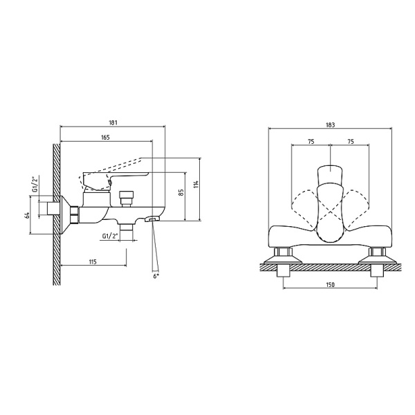 Смеситель для ванны/душа Osgard Amungen однорычажный, керамический, настенный, излив фиксированный 178 мм, с гибким шлангом, душем/лейкой, латунь, цвет хром, короткий, универсальный, горизонтальный, рычажный, кран, комплект, сантехника, размер