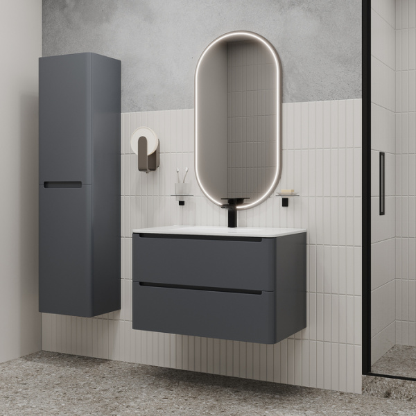 Тумба c раковиной IDDIS Edifice, 802х467х500 мм, подвесная, 2 выдвижных ящика, МДФ/санфарфор, раковина накладная, прямоугольная, отверстие под смеситель, цвет темно-серый EDI80D0i95K