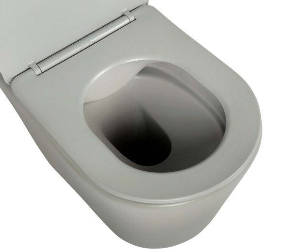 Унитаз подвесной Aquatek Вега, серый матовый, горизонтальный (в стену) выпуск, с быстросъемным сиденьем микролифт, дюропласт, безободковый, под скрытый бачок