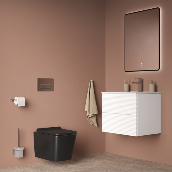 Унитаз подвесной IDDIS Bild, горизонтальный (прямой, в стену) выпуск, безободковый, с быстросьемным сиденьем микролифт, с крышкой (сиденье) дюропласт, цвет: черный матовый