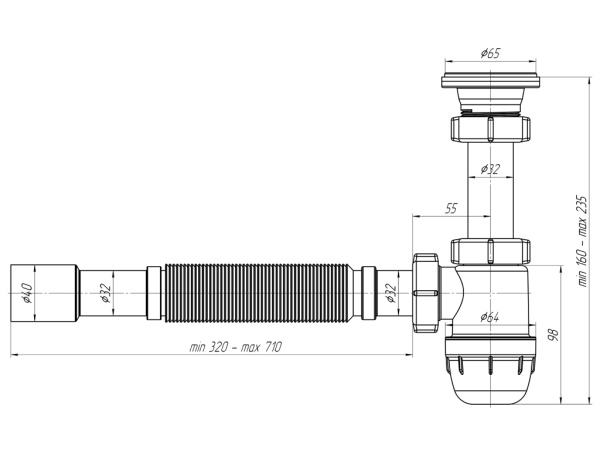 Сифон ANI (Ани-пласт) Юнг 1 1/4"* 32 mini бутылочный, с гибкой трубой 32*32/40 для раковины/умывальника, полипропилен, белый BM1015