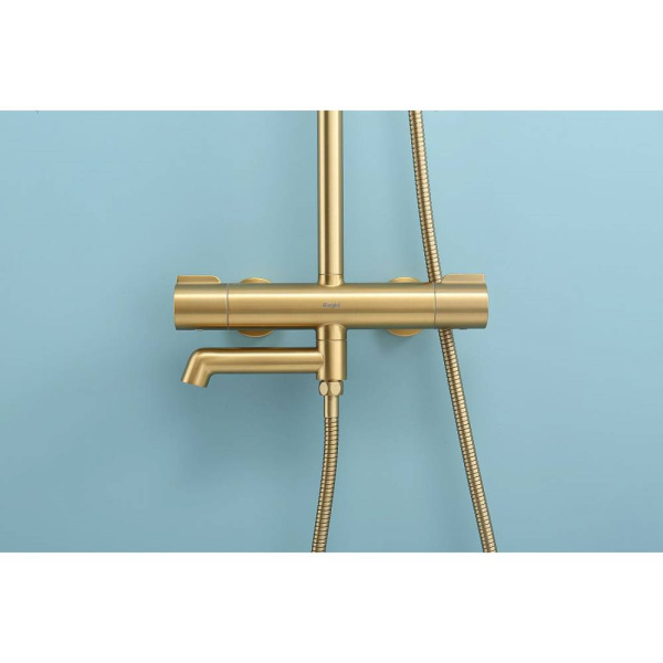 Душевая система Raglo R20.26.03 с термостатом, высота 1130-1480 мм цвет сатин золотой, комплект: термостатический смеситель/излив/тропический душ круглый (с верхней лейкой)/лейка/стойка/шланг, латунь
