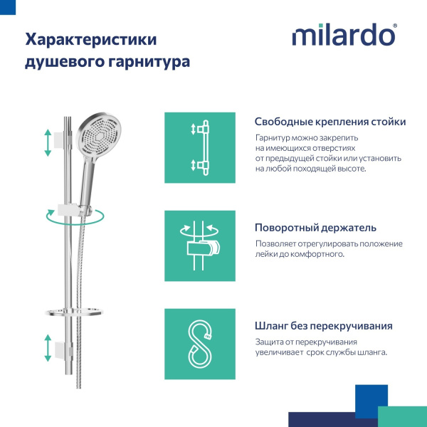 Душевой гарнитур Milardo Ideal Spa со штангой 700 мм/шланг с защитой от перекручивания/лейка, хром, ABS-пластик/нержавеющая сталь