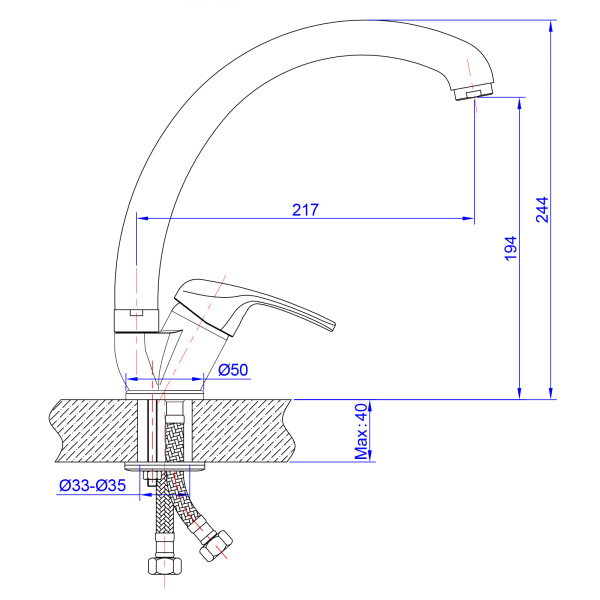 Смеситель для кухни/мойки AQUEDUC однорычажный, поворотный, высокий излив, керамический, длина 217 мм, высота 194 мм, латунь, цвет хром 345384