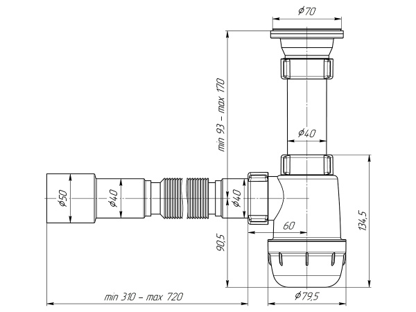 Сифон ANI-grot (Ани Грот) 1 1/2"*40 бутылочный, с гибкой трубой 40*40/50 мм, белый, полипропилен, для мойки A0115 