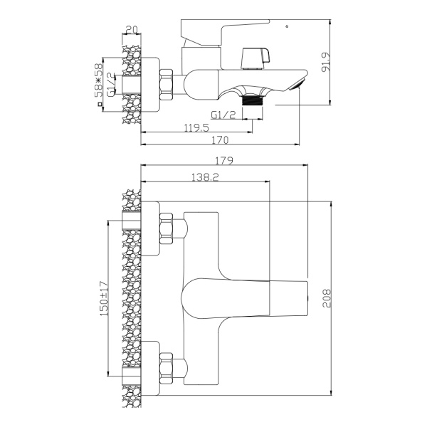 Смеситель для ванны/душа Wesnaart BRIZ с коротким изливом 5 см, цвет хром, однорычажный, керамический, настенный, излив неповоротный, с гибким шлангом, душем/лейкой, латунь