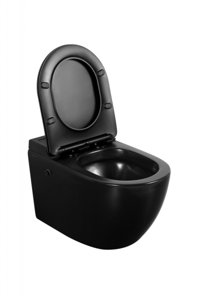 Унитаз подвесной ABBER Bequem 580х360х380 мм цвет черный матовый, горизонтальный (прямой) выпуск, импульсный смыв, система антивсплеск, безободковый, с сиденьем микролифт, дюропласт, под скрытый бачок AC1108PMB