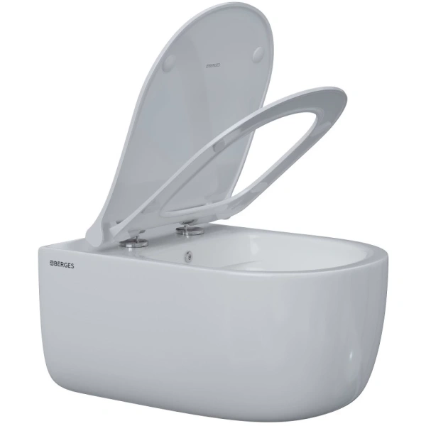 Унитаз подвесной Berges Ego XL, белый, горизонтальный (в стену) выпуск, с сиденьем микролифт, дюропласт, безободковый, под скрытый бачок