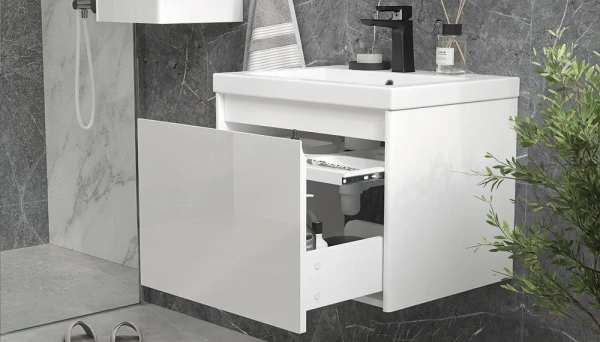 Тумба под раковину Velvex Klaufs 600-0-1, 589х443х440 мм подвесная, цвет белый глянец, 1 выдвижной ящик/выдвижной органайзер, подходит раковина Como 60, универсальная, в ванную комнату