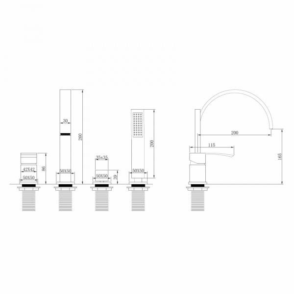 Смеситель для ванны/душа ABBER Wasserfall на борт ванны, однорычажный, неповоротный, длина излива 200 мм, латунь, цвет золото матовое