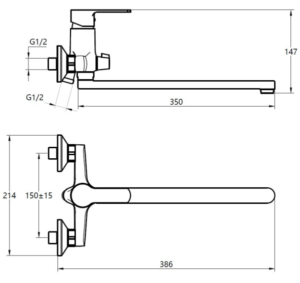 Смеситель для ванны/душа Voda Fin однорычажный, настенный, поворотный, керамический картридж, длина излива 350 мм, с гибким шлангом, лейкой, латунь, цвет хром FN31