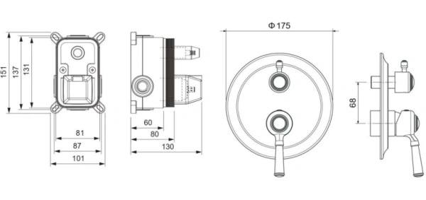 Смеситель для ванны/душа Aquatek Классик настенный, однорычажный, встраиваемый, 2 режима, без излива, латунь, цвет хром
