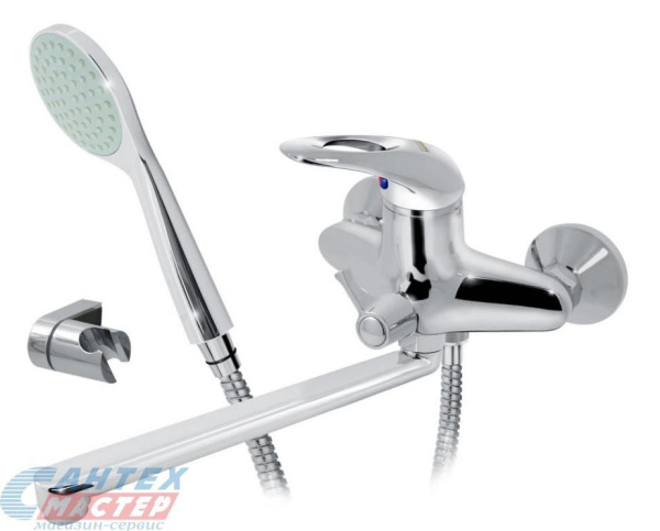 Смеситель для ванны/душа Варион Werder однорычажный, керамический, настенный, излив поворотный 400 мм, с гибким шлангом, душем/лейкой, латунь, цвет хром, длинный, универсальный, горизонтальный, рычажный, кран, комплект, сантехника, размер