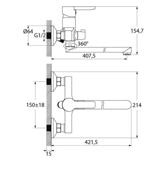 Смеситель для ванны/душа Iddis Sena SENSBL2i10WA однорычажный, керамический, настенный, излив поворотный 407,5 мм, латунь, цвет хром, длинный