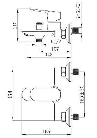 Смеситель для ванны/душа Voda Shore однорычажный, настенный, неповоротный, керамический картридж, излив короткий, латунь, цвет хром, без аксессуаров SHR54