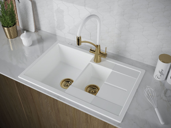 Смеситель для кухни/мойки Paulmark Siegen, с подключением к фильтру/биканальный, однорычажный, поворотный/гибкий излив, керамический картридж, высокий, длина излива 225 мм, латунь, цвет золото/белый