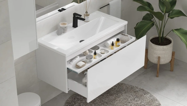 Тумба под раковину Velvex Klaufs 1000-0-1, 991х443х440 мм подвесная, цвет белый глянец, 1 выдвижной ящик/выдвижной органайзер, подходит раковина Mario 100, универсальная, в ванную комнату