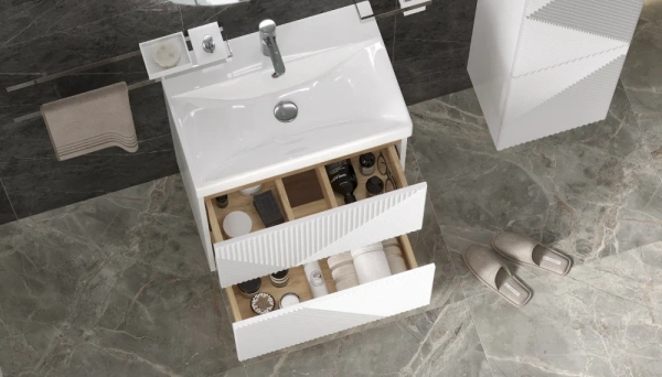 Тумба под раковину Velvex Edge 600-0-2, 596х393х796 мм напольная, цвет белый глянец, 2 выдвижных ящика, подходит раковина 9696-60, универсальная, в ванную комнату