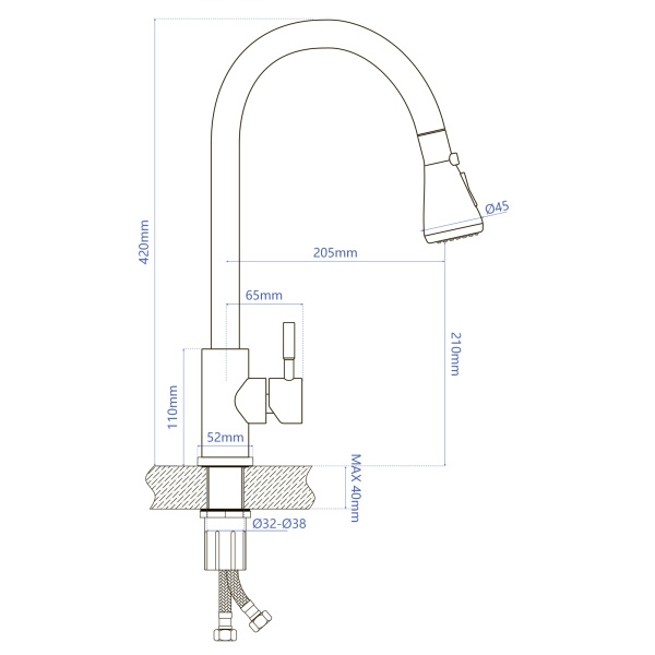 Смеситель для кухни/мойки AQUEDUC однорычажный, поворотный/выдвижной, керамический, длина излива 205 мм, высота 210 мм, нержавеющая сталь 345328