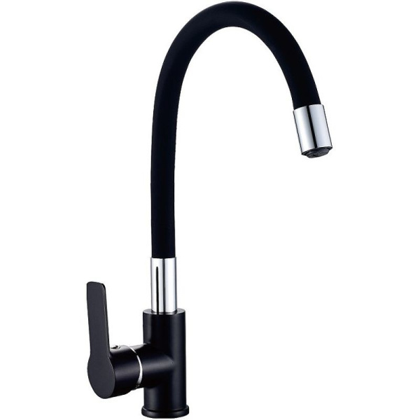 Смеситель для кухни/мойки HAIBA однозахватный, поворотный, гибкий, латунный, с высоким гибким изливом, длина 180 мм, латунь, цвет хром/черный