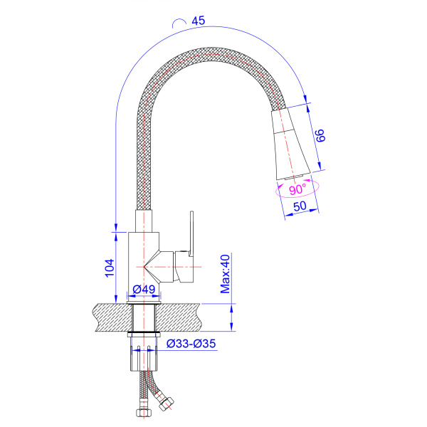 Смеситель для кухни/мойки AQUEDUC однорычажный, поворотный/гибкий, керамический, высота излива 220 мм, латунь, цвет хром/черный 345388