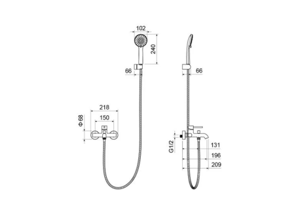Смеситель для ванны/душа Aquatek Европа однорычажный, керамический, настенный, излив фиксированный 196 мм, с гибким шлангом, душем/лейкой, латунь, цвет оружейная сталь
