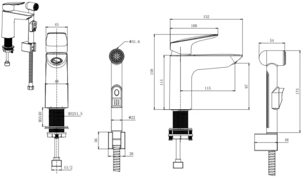 Смеситель для раковины/умывальника Aquatek Вега с гигиеническим душем, однорычажный, неповоротный, латунь, длина излива 115 мм, керамический, цвет матовый черный