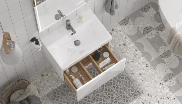 Тумба под раковину Velvex Edge 600-0-1, 596х393х343 мм подвесная, цвет белый глянец, 1 выдвижной ящик, подходит раковина 9696-60, универсальная, в ванную комнату