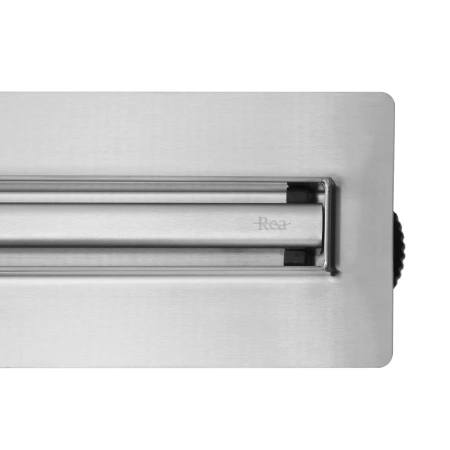 Трап щелевой REA NEOX SLIM PRO 600, D50, цвет матовый хром, для душа в полу, сухой/мокрый затвор, горизонтальный выпуск, нержавеющая сталь, прямоугольный