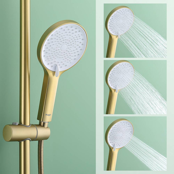 Душевая система Raglo R03.24.03 со смесителем, высота 1065-1565 мм цвет золотой сатин, комплект: однорычажный смеситель/излив/тропический душ круглый (с верхней лейкой)/лейка/стойка/шланг, нержавеющая сталь/латунь