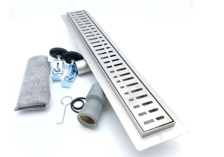 Трап TIM 70х650 мм D50, квадратный рисунок, для душа в полу, под плитку, с сухим затвором+гидрозатвор, горизонтальный выпуск, нержавеющая сталь, прямоугольный