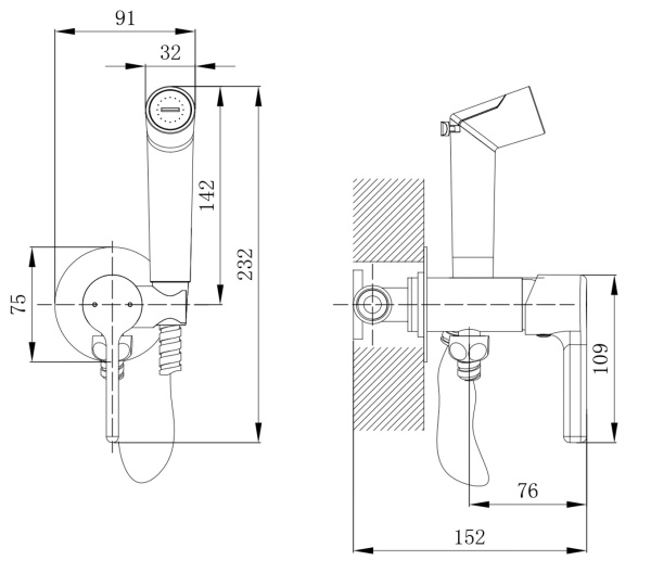 Смеситель с гигиеническим душем Voda Column встраиваемый, однорычажный, керамический, без излива, с гибким шлангом/лейкой, латунь, цвет хром CLM01