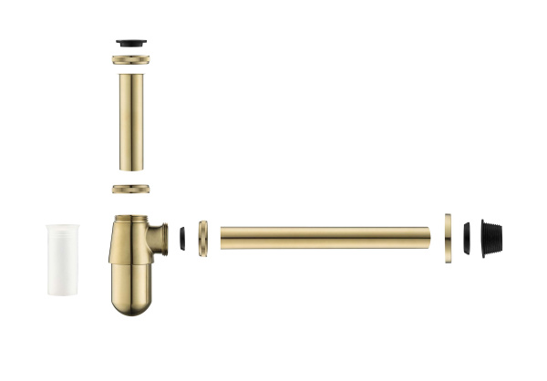 Сифон для раковины Aquatek AQ6014BG бутылочный, без выпуска, 1 1/4" горизонтальный/боковой выпуск (в стену), латунь/нержавеющая сталь, цвет шлифованное золото, для раковины/умывальника