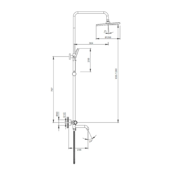 Душевая система Splenka S03.24.06 высота 630-1280 мм цвет черный, комплект: однорычажный смеситель/излив/тропический душ круглый (с верхней лейкой)/лейка/стойка/шланг, латунь
