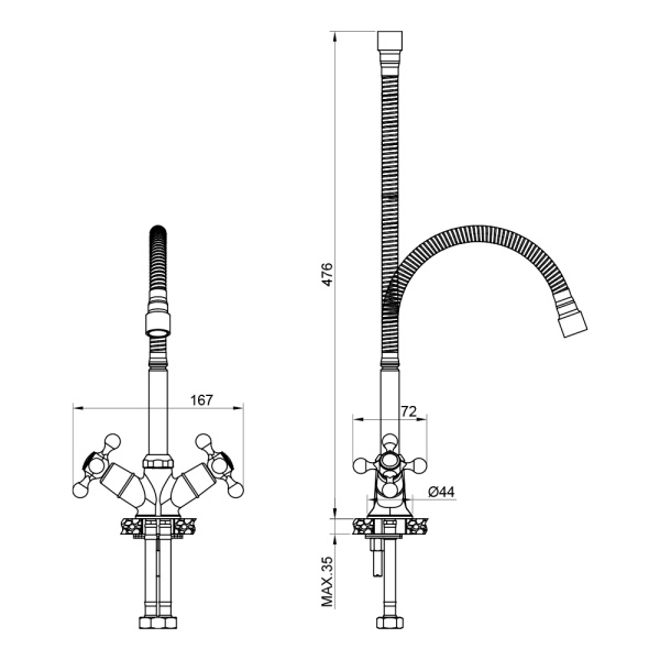 Смеситель для кухни/мойки Olives GIRONA 01435GR двухвентильный, поворотный, керамическая кран-букса, с гибким изливом цвет хром