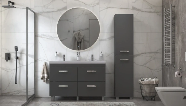 Пенал Velvex Orlando 400, 400х298х1895 мм напольный, 2 распашные дверцы, цвет графит, в ванную комнату, влагостойкий, универсальный