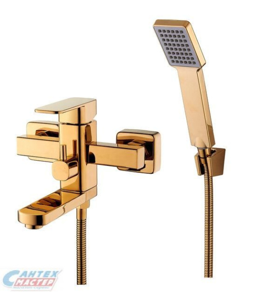 Смеситель для ванны/душа G-lauf однорычажный, керамический, настенный, излив поворотный 124 мм, с гибким шлангом, душем/лейкой, латунь, цвет золото, длинный, универсальный, горизонтальный, рычажный, кран, комплект, сантехника, размер, характеристики