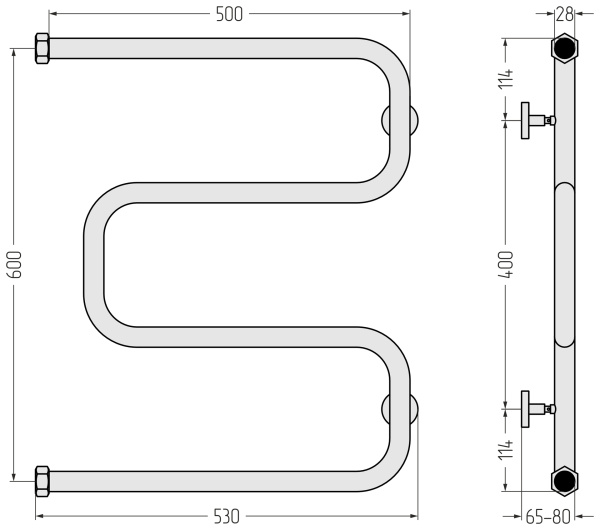 Полотенцесушитель Сунержа Ш-образный+ 600х500 м/о 600 мм 1" водяной, без покрытия