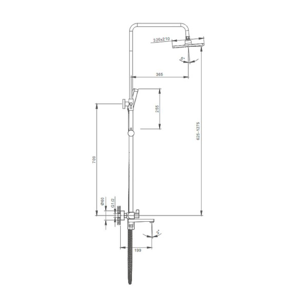 Душевая система Splenka S02.24.06 высота 625-1275 мм цвет черный, комплект: однорычажный смеситель/излив/тропический душ прямоугольный (с верхней лейкой)/лейка/стойка/шланг, латунь