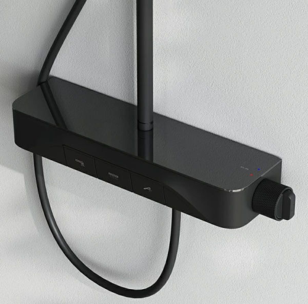 Душевая система AM.PM Func, высота 1460 мм, цвет черный, комплект: однорычажный смеситель с изливом/тропический душ (с верхней лейкой)/стойка/лейка/шланг, наружного монтажа