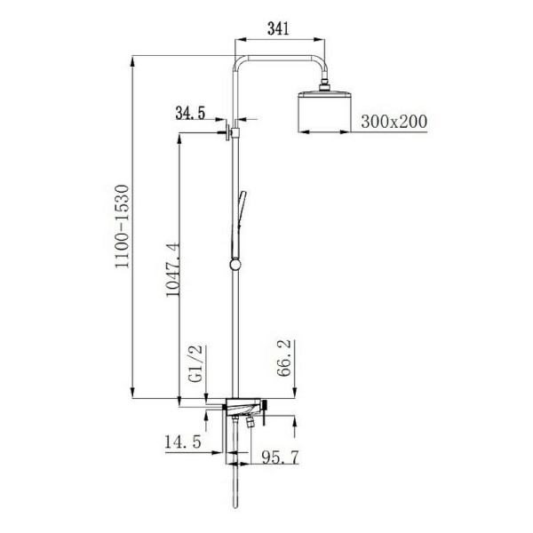 Душевая система Raglo R60.24.06 со смесителем, высота 1100-1530 мм цвет черный, комплект: однорычажный смеситель/излив/тропический душ прямоугольный (с верхней лейкой)/лейка/стойка/шланг, латунь