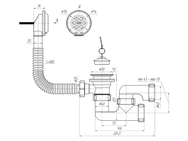 Обвязка для ванны ANI (Ани-пласт) 1 1/2"х40 с выпуском, с переливом регулируемый, белый, для слива воды E250