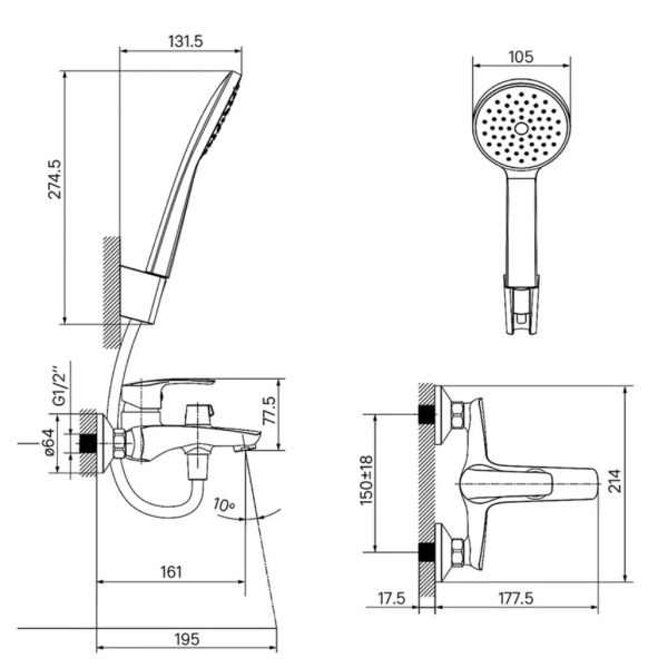 Смеситель для ванны/душа IDDIS Ray RAYBN02i02 однорычажный, неповоротный, настенный, керамический картридж, длина излива 177 мм, латунь, цвет сатин